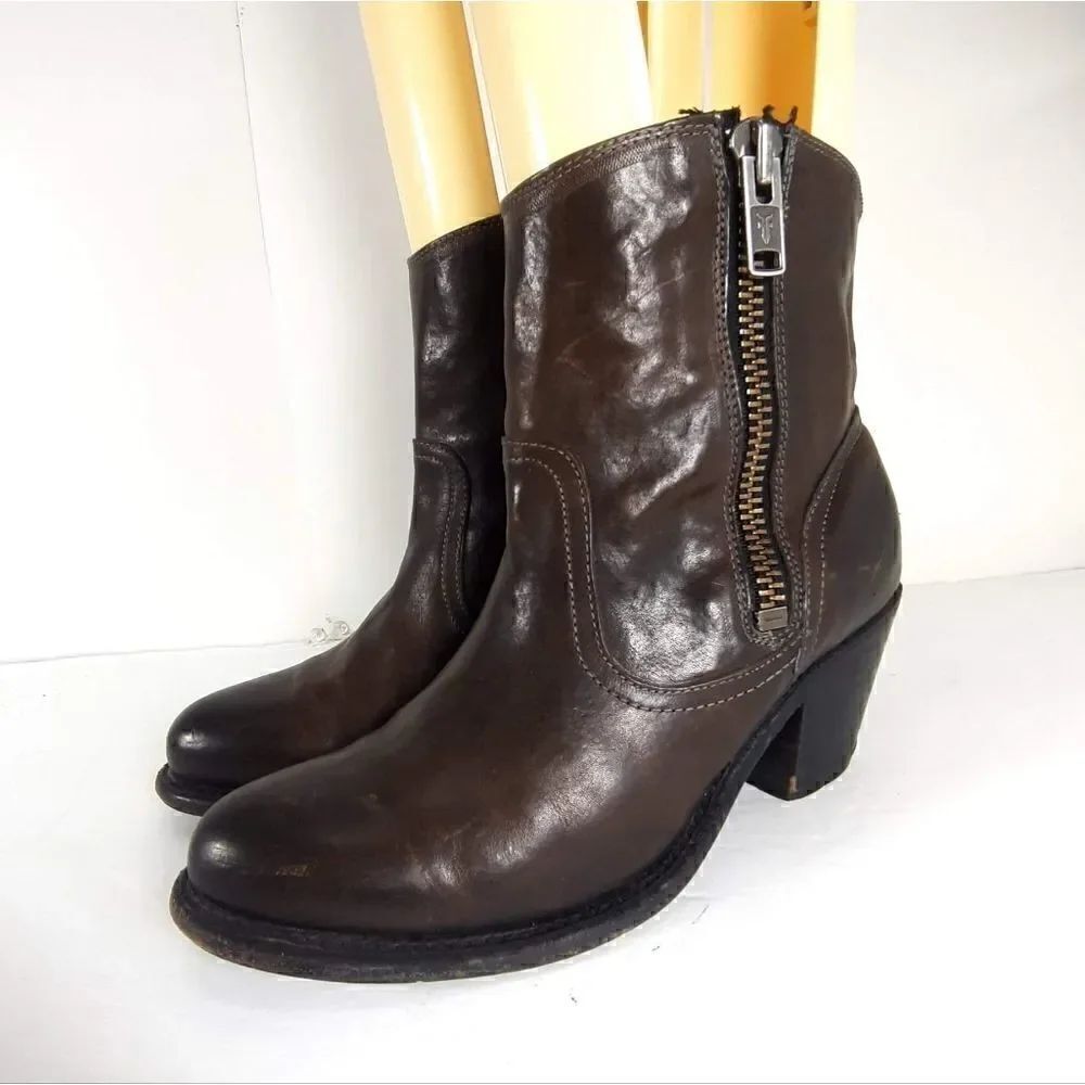 Frye Women's Leslie size 7,5 B Brown Leather Ankle Side Zip Booties Boots